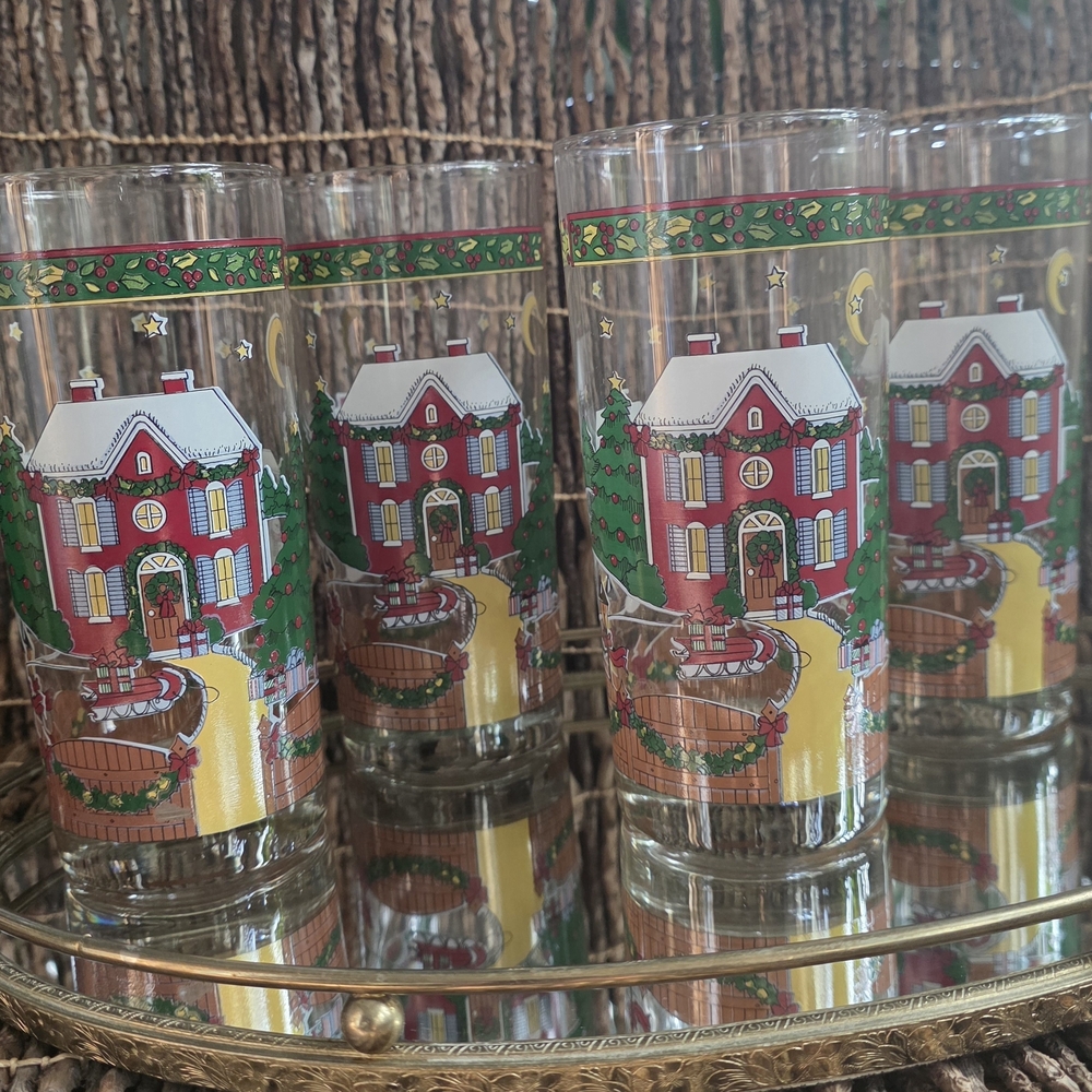 Vintage 1996 Susan Winget Holiday Village Highball Glasses - Red, Green, Yellow